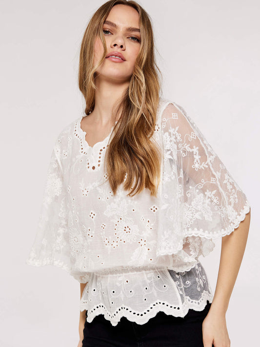Apricot Floral Broderie Batwing Top White