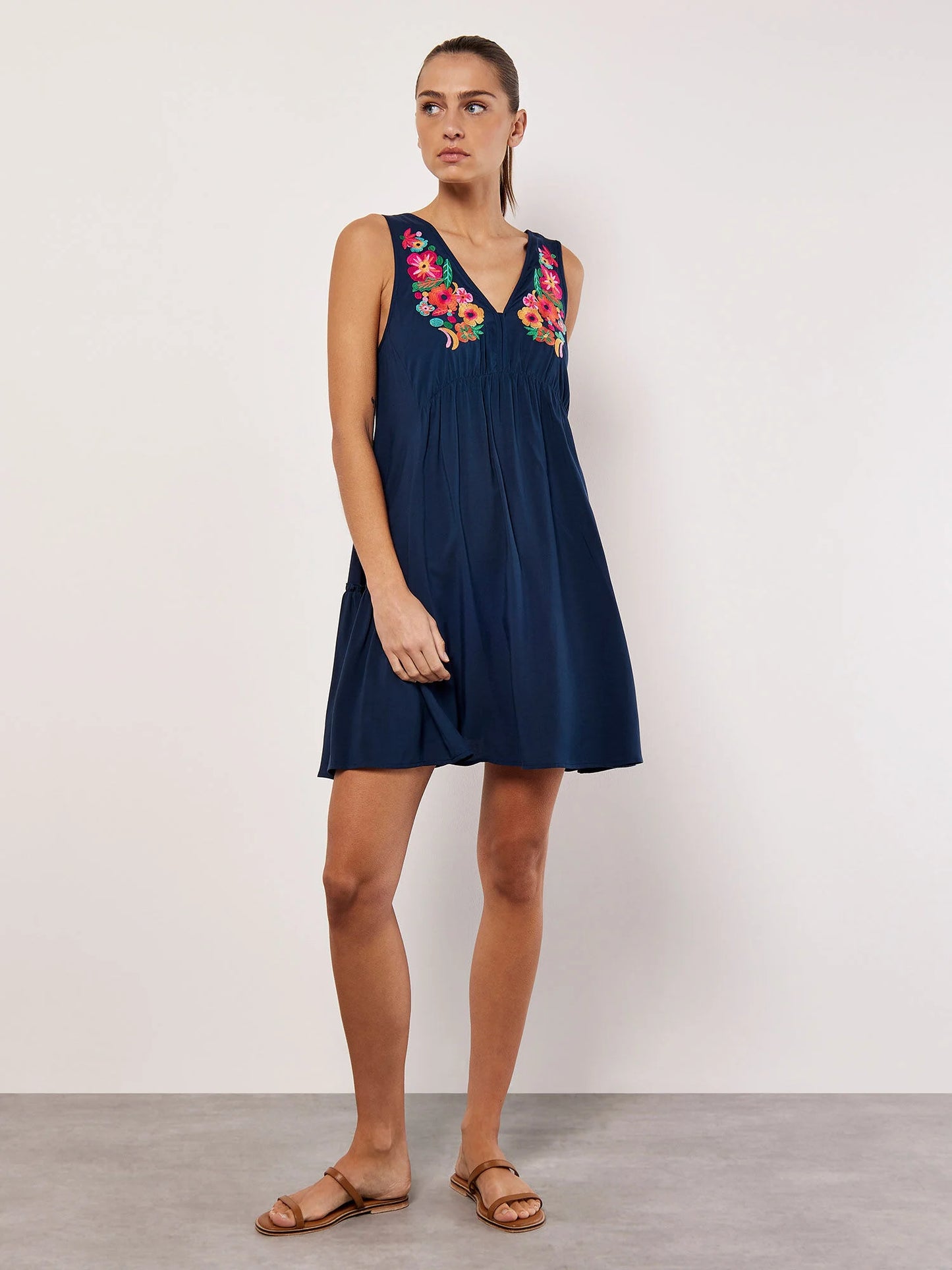 Apricot Embroidered Blooms Swing Mini Dress Navy