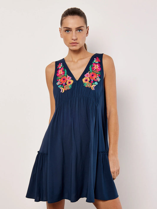 Apricot Embroidered Blooms Swing Mini Dress Navy