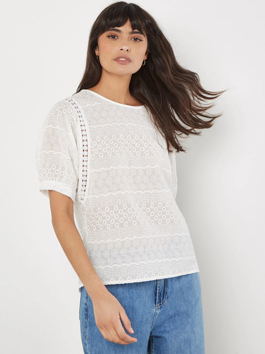 Apricot Floral Broderie Cotton Lace Top White