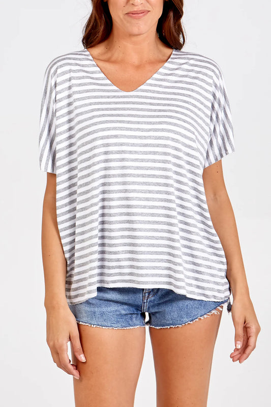 Stripe V-Neck T-shirt - Grey