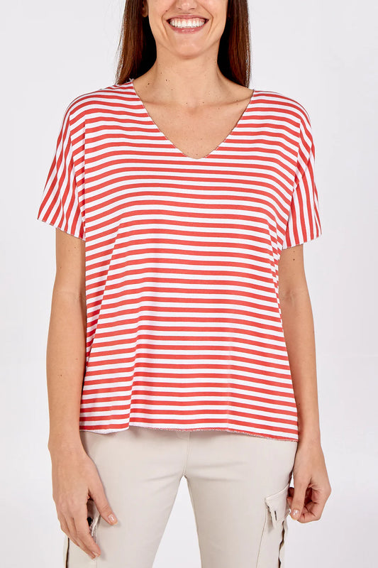 Stripe V-Neck T-shirt - Pink