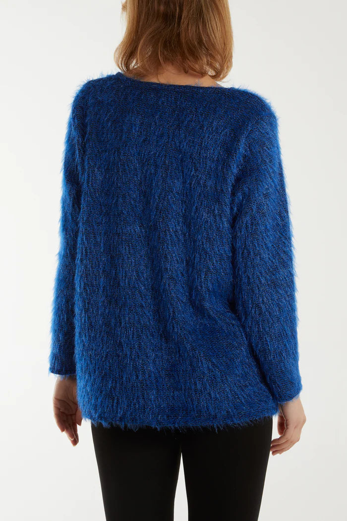 Fluffy Knit Jumper With Necklace - Blue