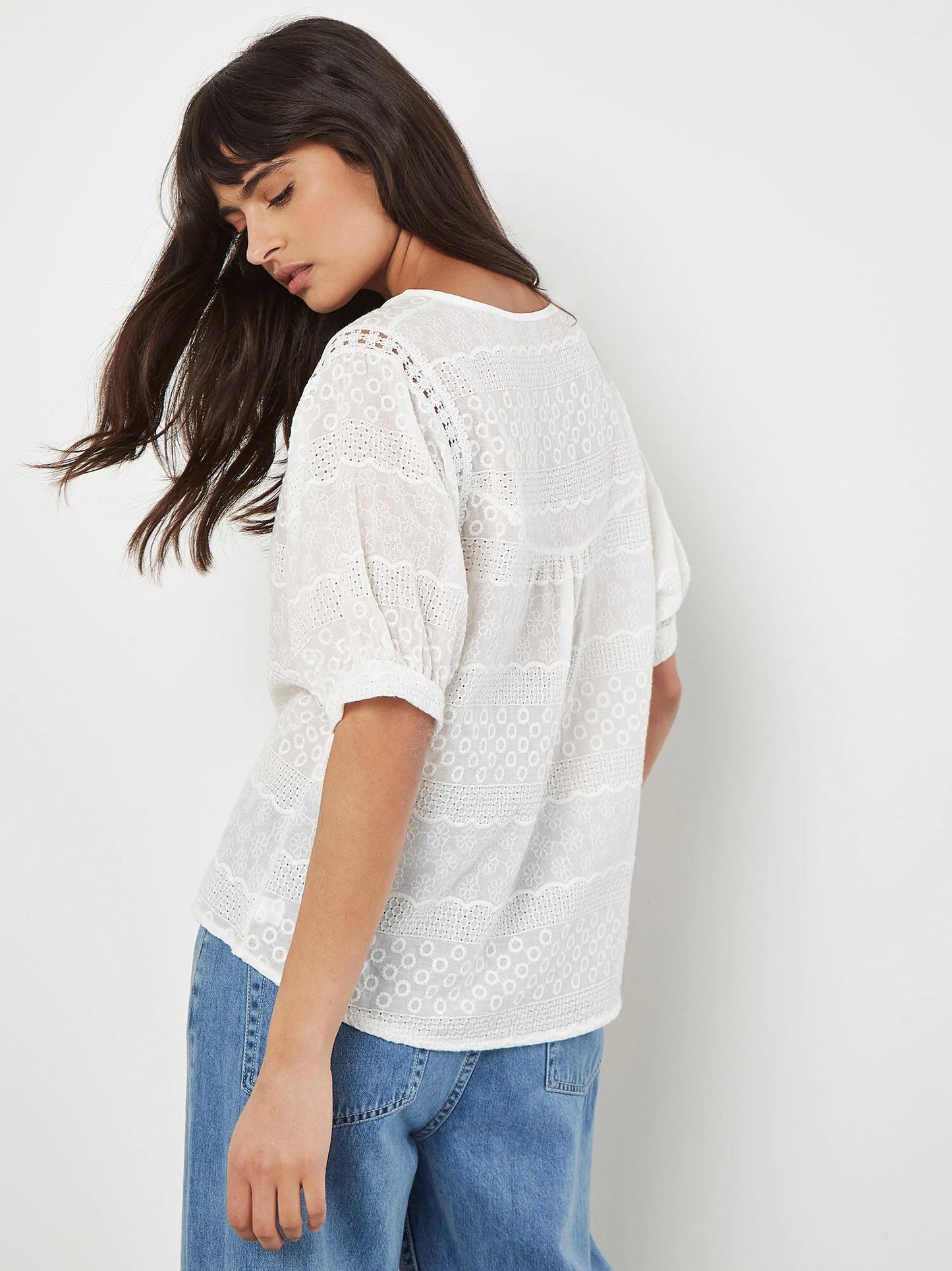Apricot Floral Broderie Cotton Lace Top White