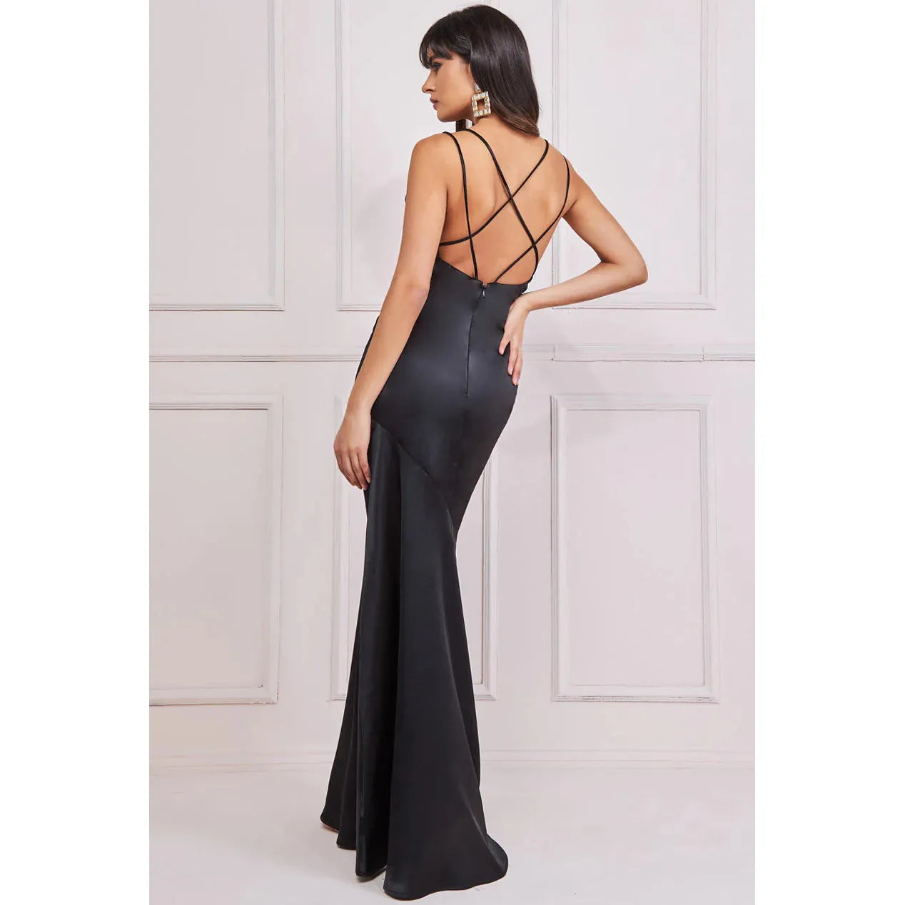 Cowl Neck Satin Maxi Dress With Strappy Back - Black