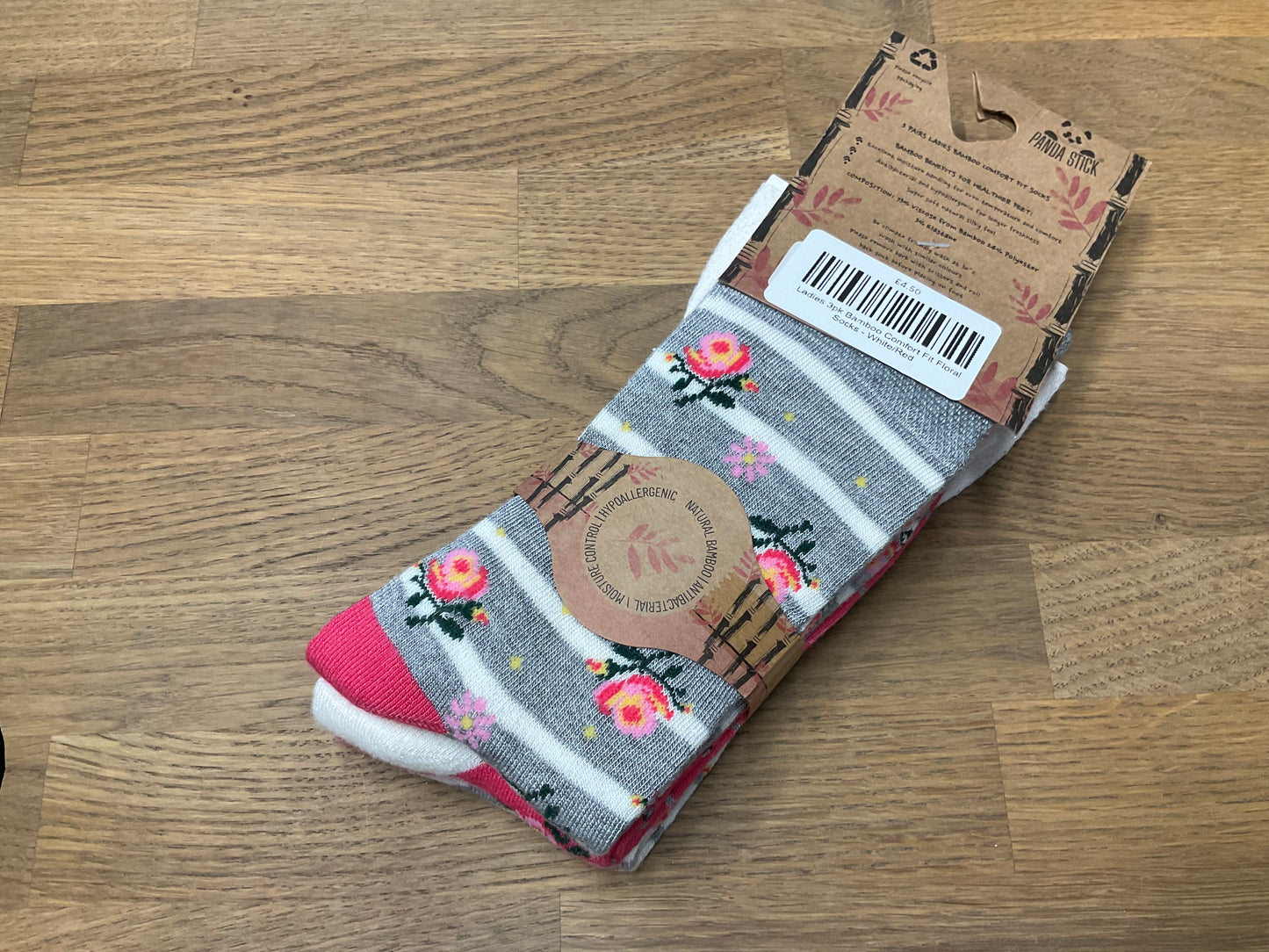 Ladies 3pk Bamboo Comfort Fit Floral Socks - White/Red