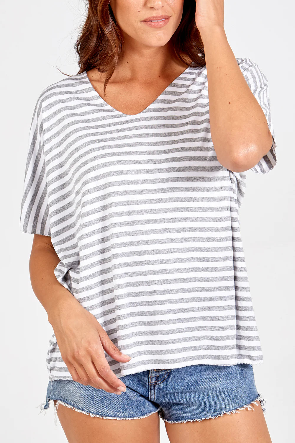 Stripe V-Neck T-shirt - Grey