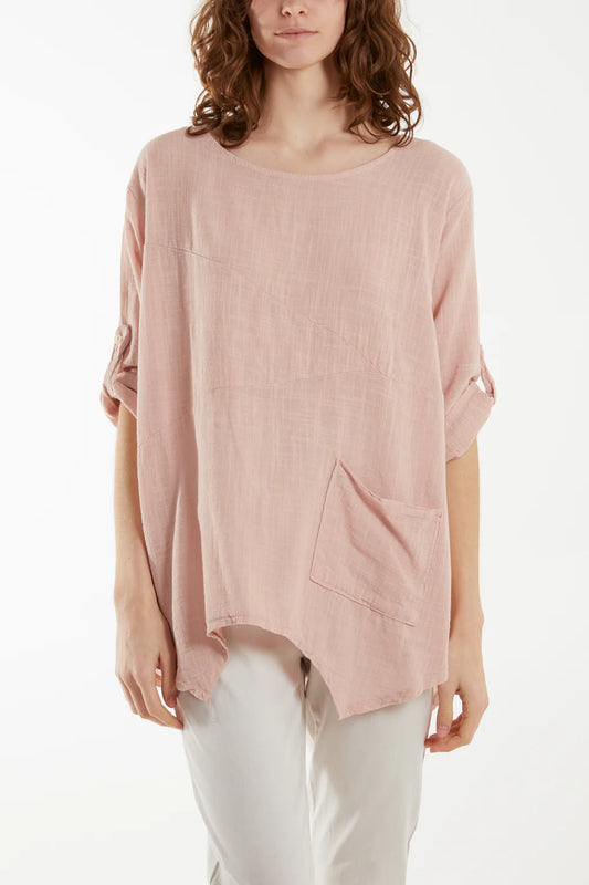 Pure Cotton Front Pocket Top - Pink