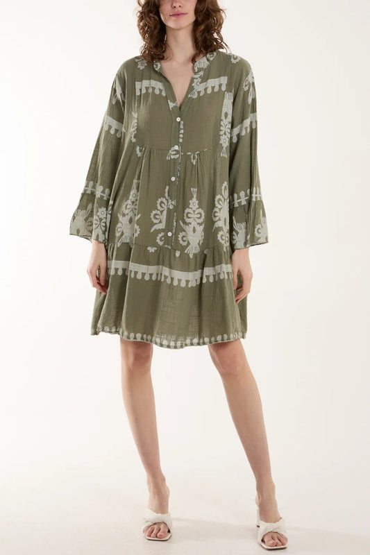 Printed Tiered Cotton Dress - khaki