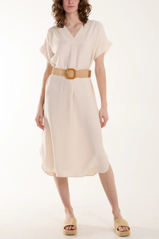 Belted V-Neck Midi Dress - Cream