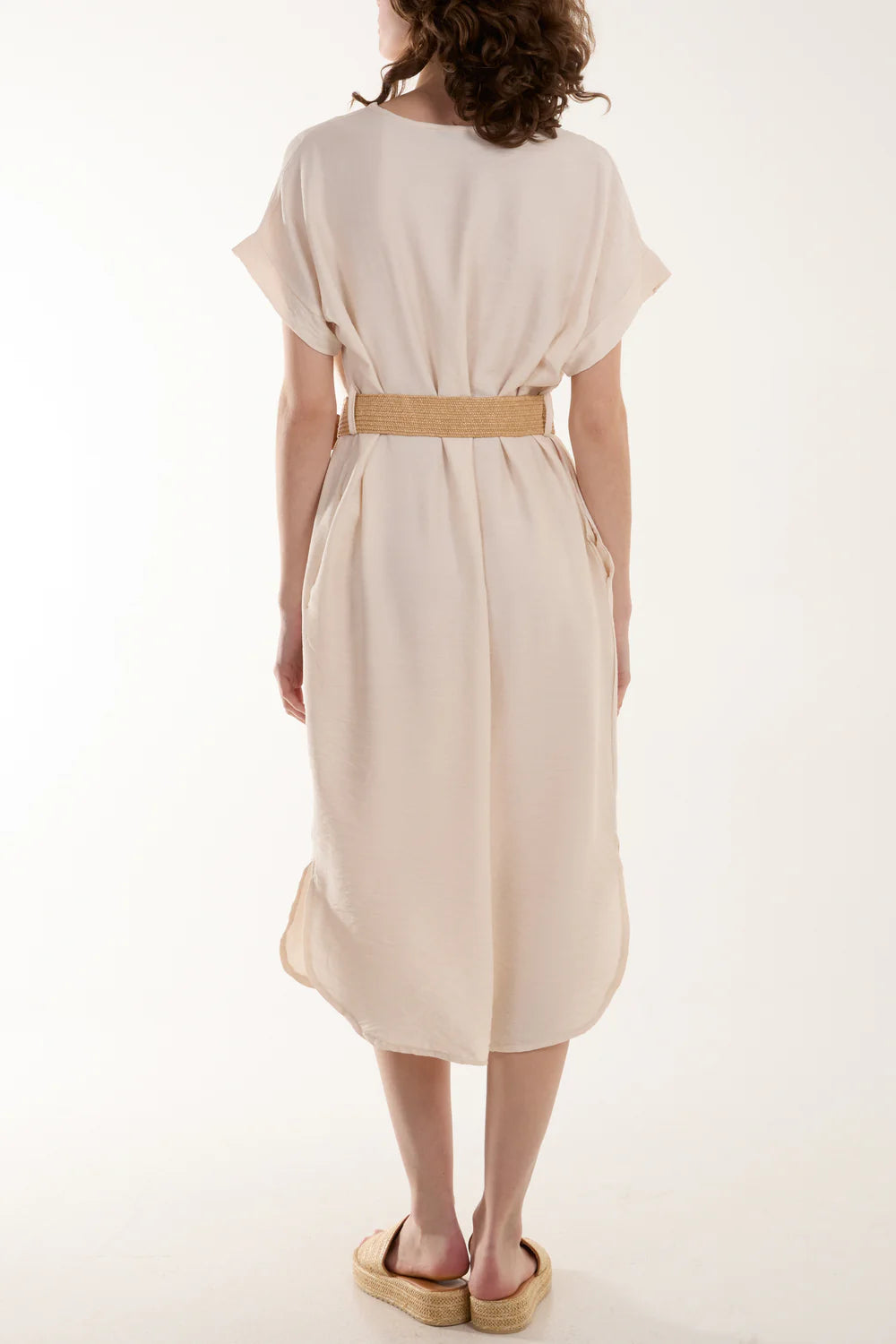 Belted V-Neck Midi Dress - Cream