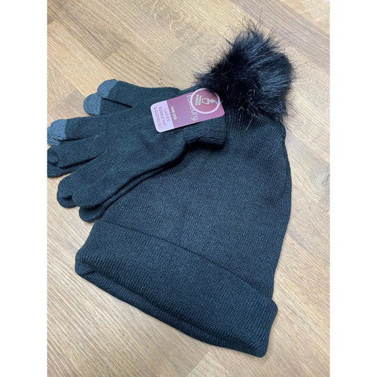 Bobble Hat & Gloves - Black