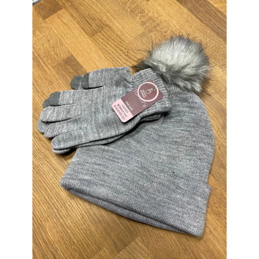 Bobble Hat & Gloves - Grey