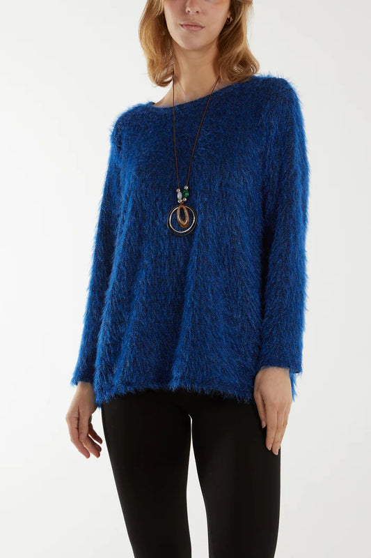 Fluffy Knit Jumper With Necklace - Blue