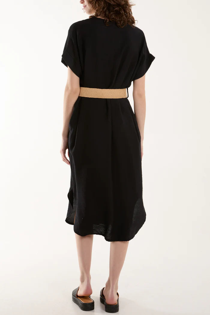 Belted V-Neck Midi Dress - Black