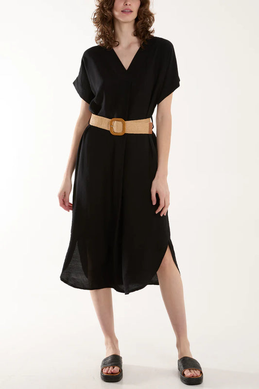 Belted V-Neck Midi Dress - Black