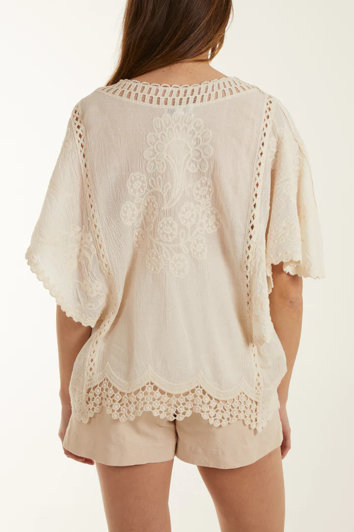 Lace Crochet Embroider Top - Cream