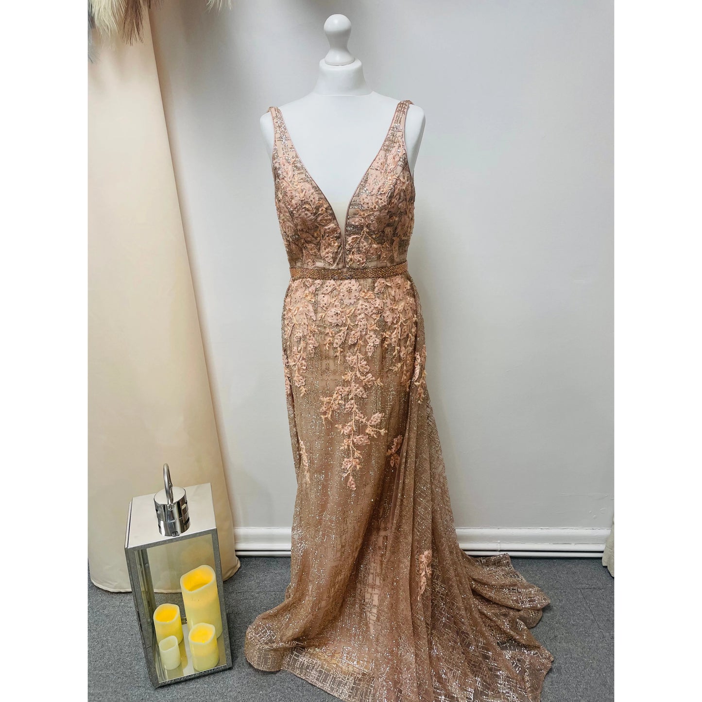 Peach V Neck Glitter Prom Event Dress